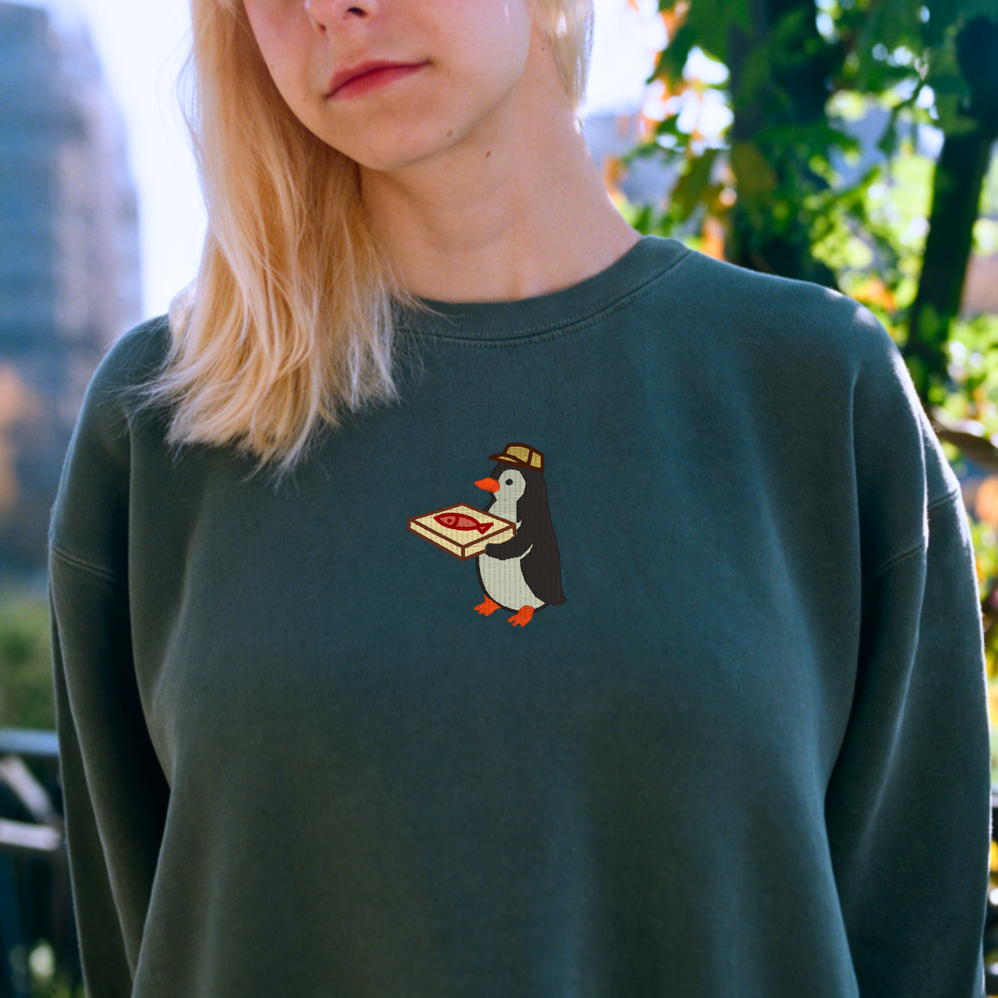 Embroidered Penguin Delivering Pizza Sweatshirt