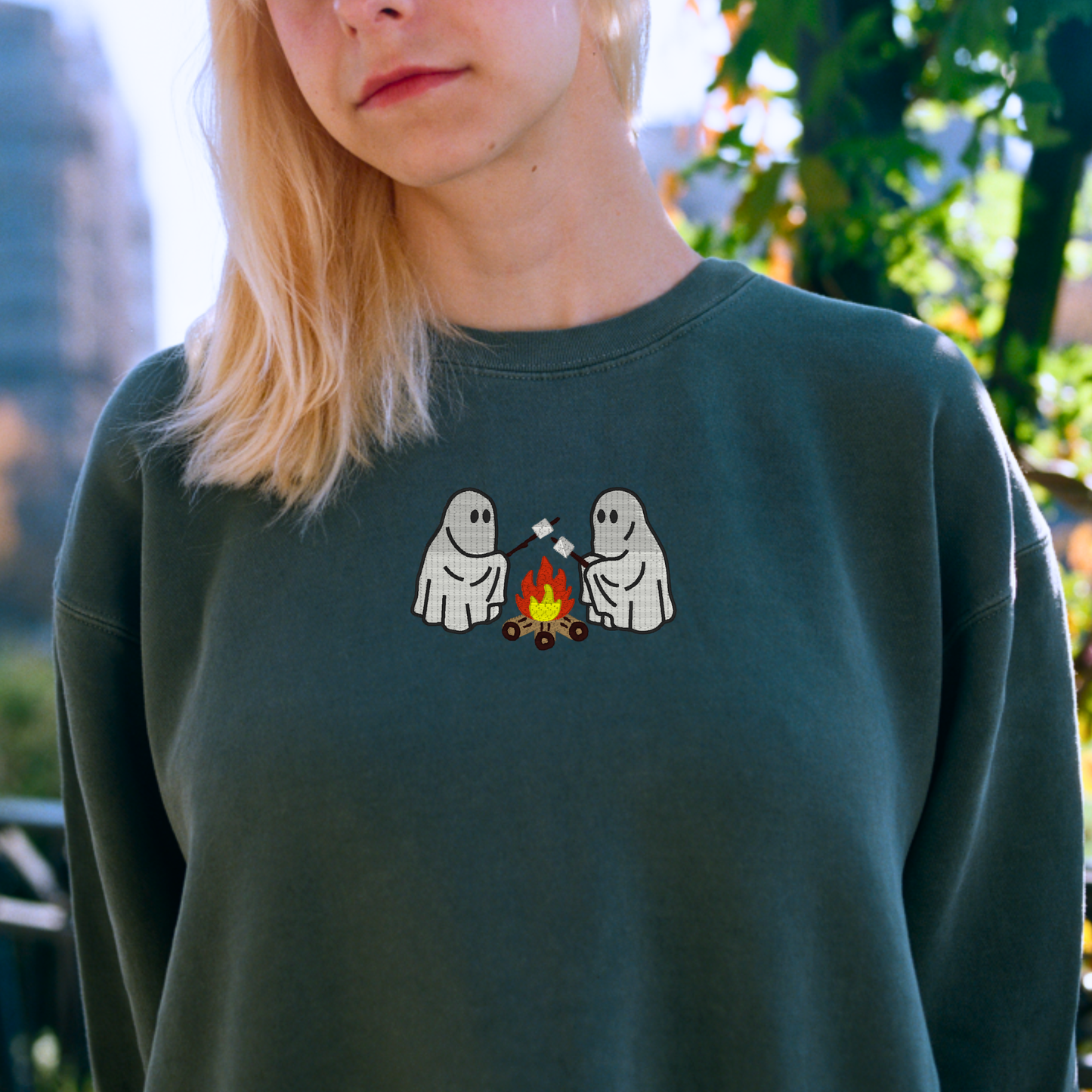 Embroidered Ghosts Roasting Marshmallows Sweatshirt