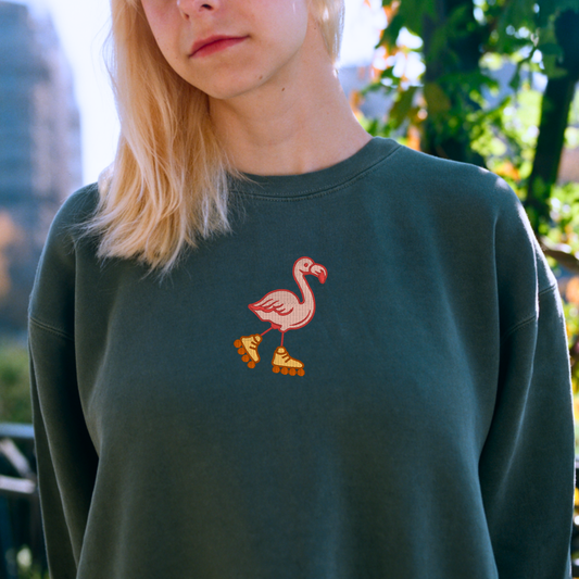 Embroidered Flamingo Rollerblading Sweatshirt