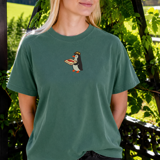 Embroidered Penguin Pizza T-Shirt